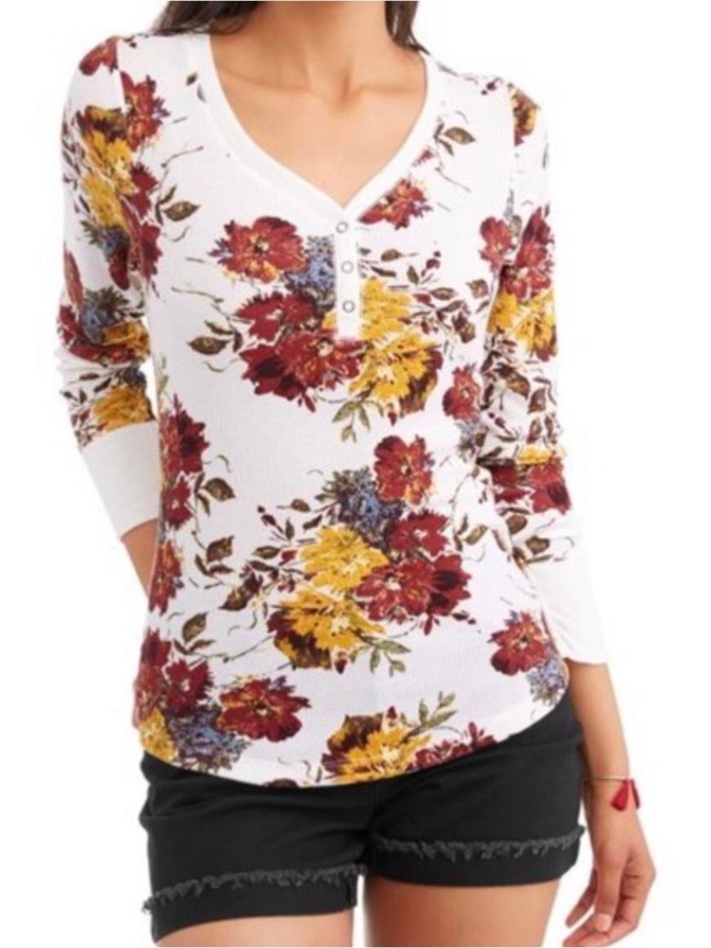 Time and True • Floral Print Long Sleeve Henley Top